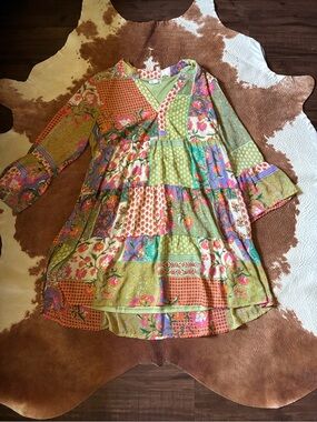 Bohemian Patchwork Tiered Dress - Green Multi